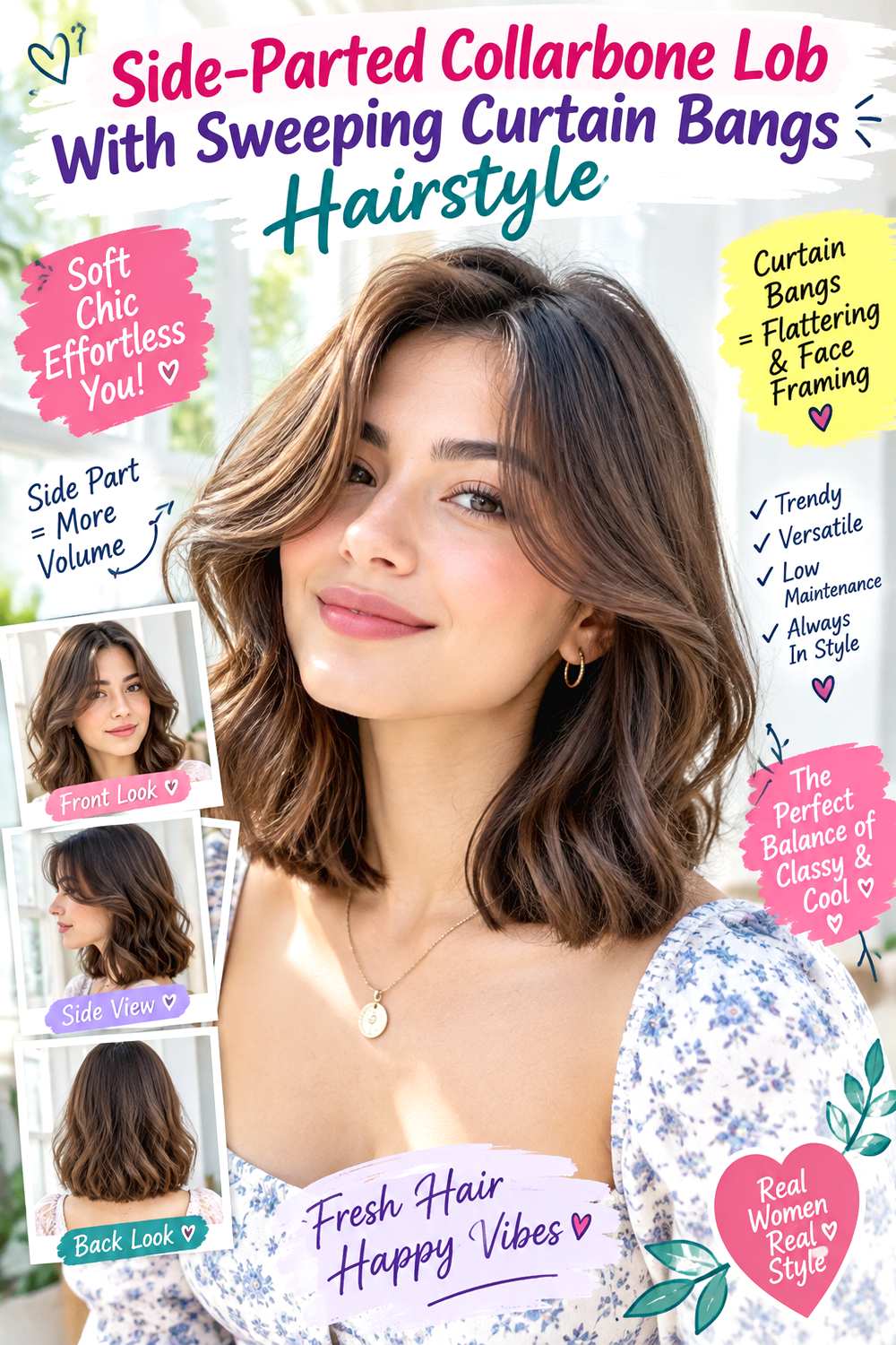Side-Parted Collarbone Lob With Sweeping Curtain Bangs Hairstyle