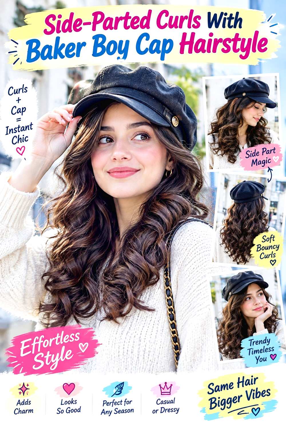 Side-Parted Curls With Baker Boy Cap Hairstyle
