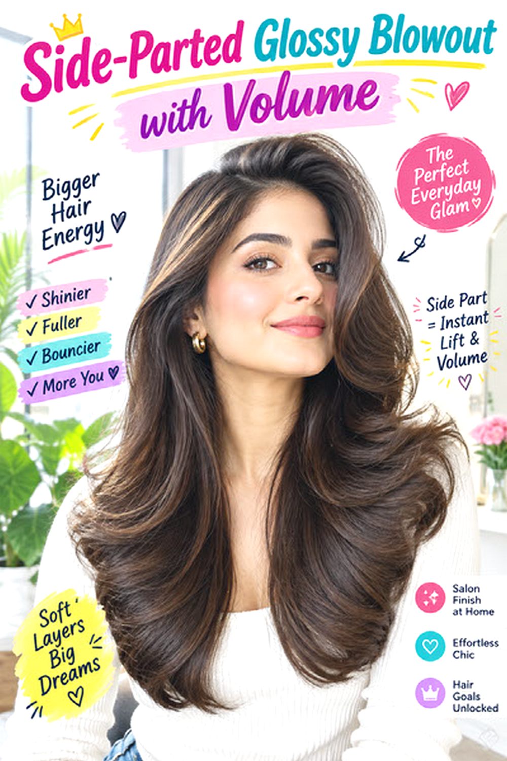 Side-Parted Glossy Blowout with Volume hairstyle
