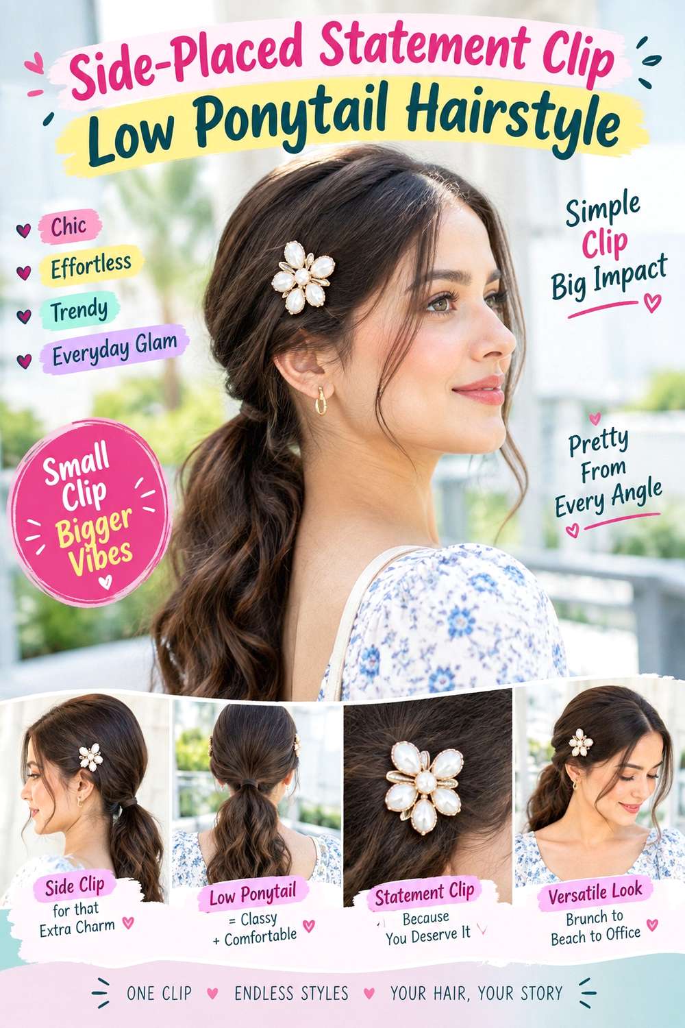 Side-Placed Statement Clip Low Ponytail Hairstyle