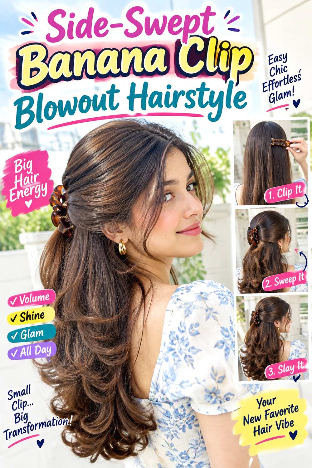 Side-Swept Banana Clip Blowout Hairstyle