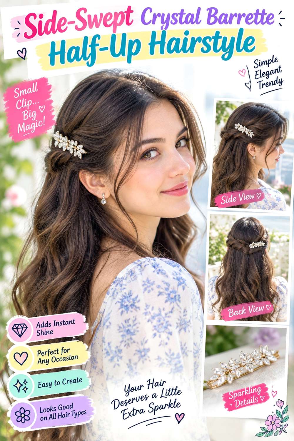 Side-Swept Crystal Barrette Half-Up Hairstyle