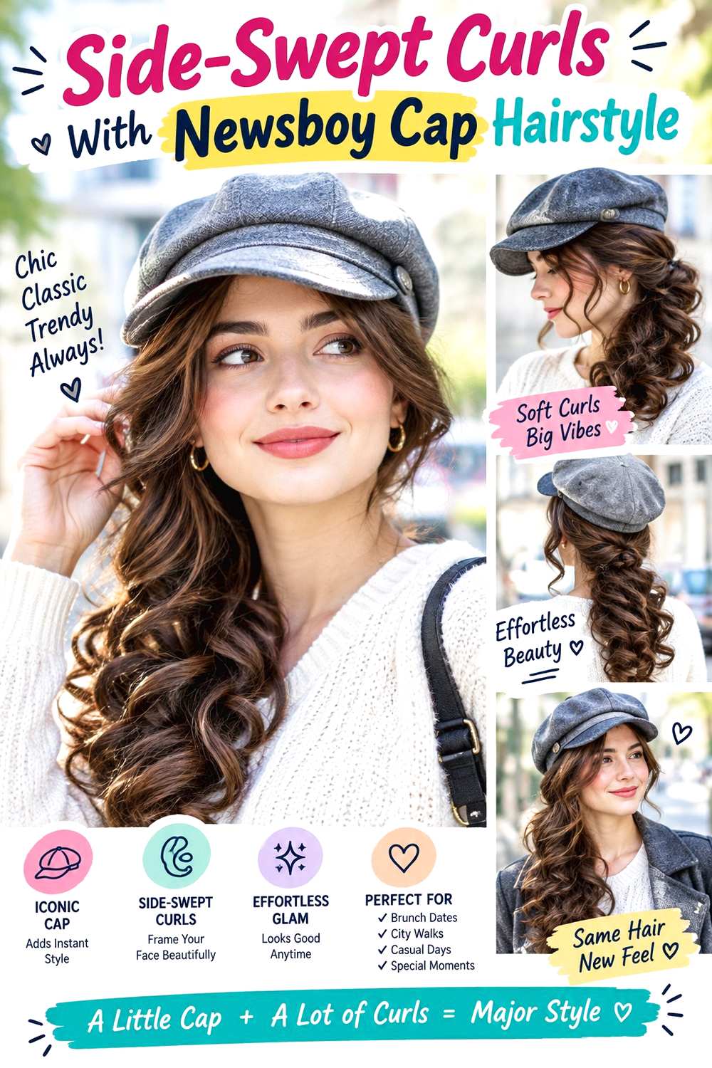 Side-Swept Curls With Newsboy Cap Hairstyle