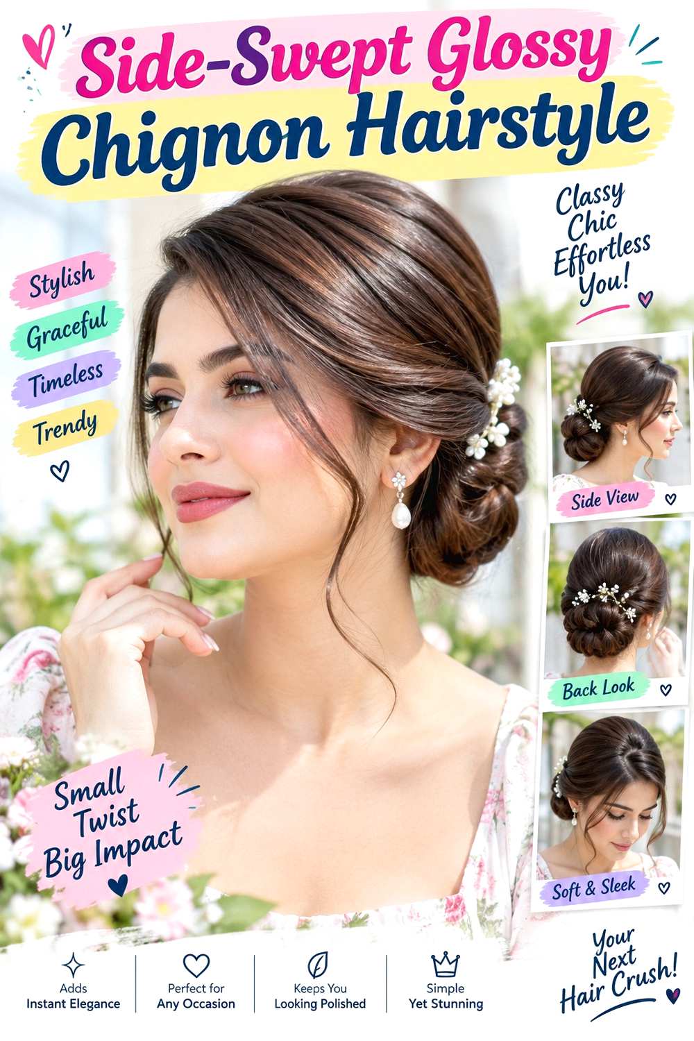 Side-Swept Glossy Chignon Hairstyle