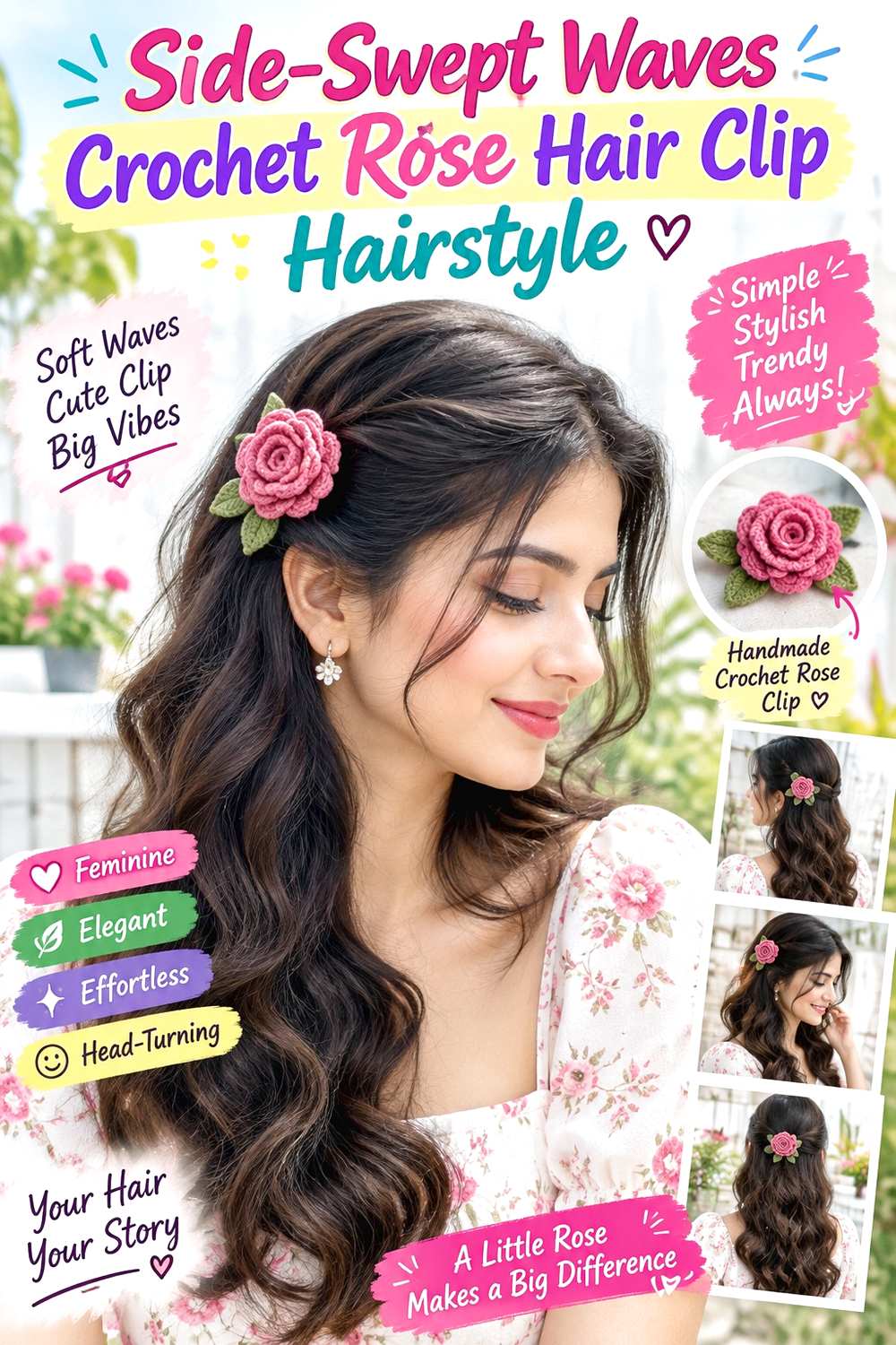 Side-Swept Waves Crochet Rose Hair Clip Hairstyle