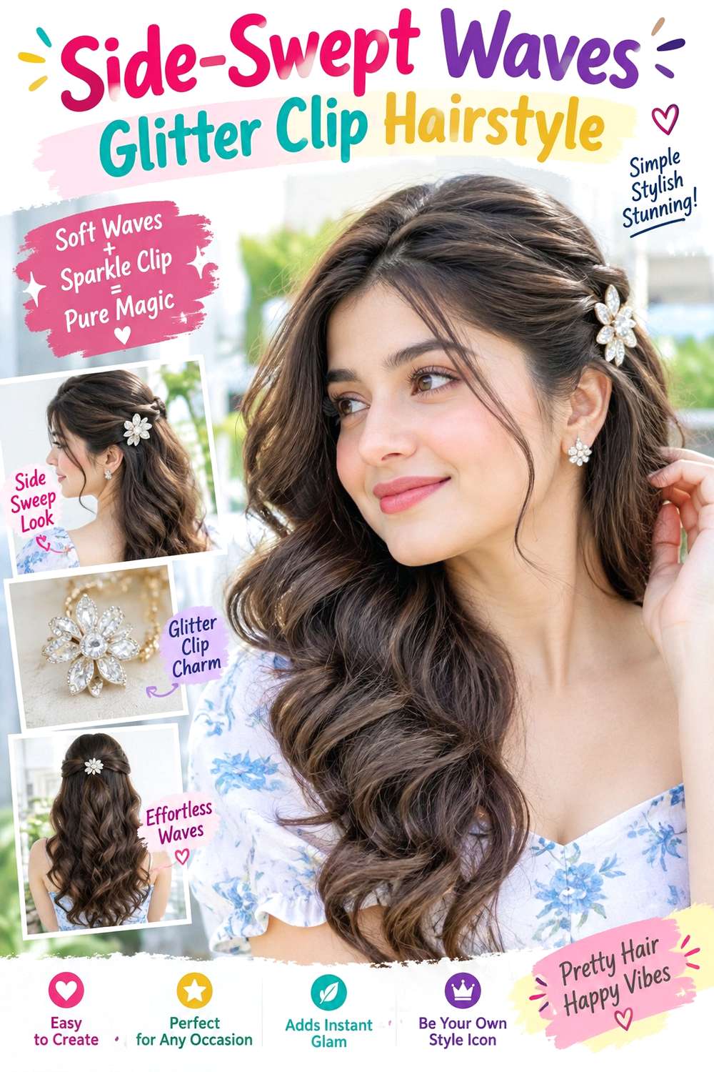 Side-Swept Waves Glitter Clip Hairstyle