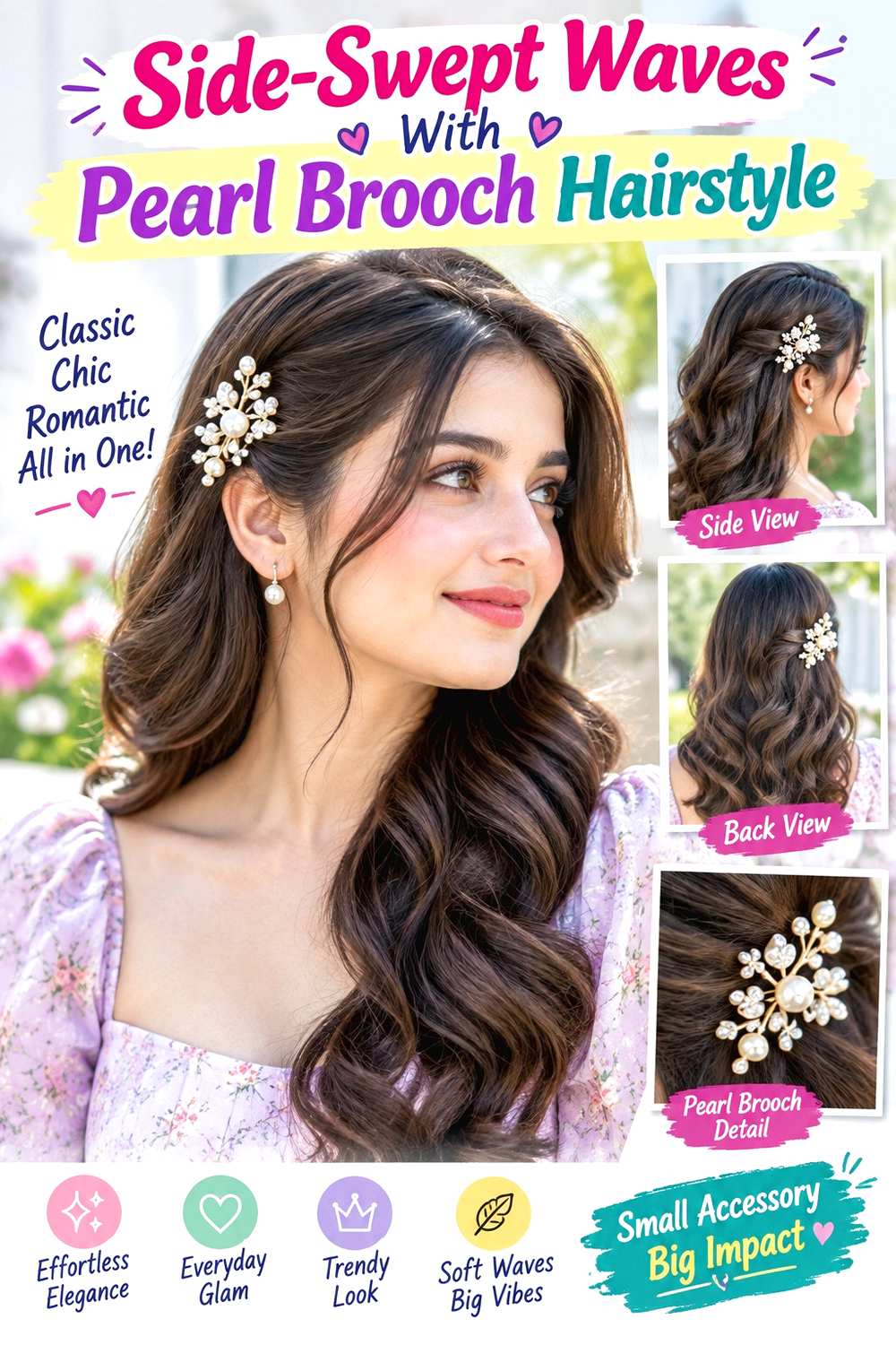 Side-Swept Waves With Pearl Brooch Hairstyle
