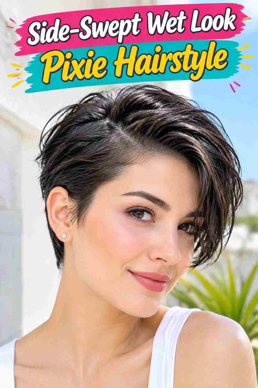 Side-Swept Wet Look Pixie Hairstyle