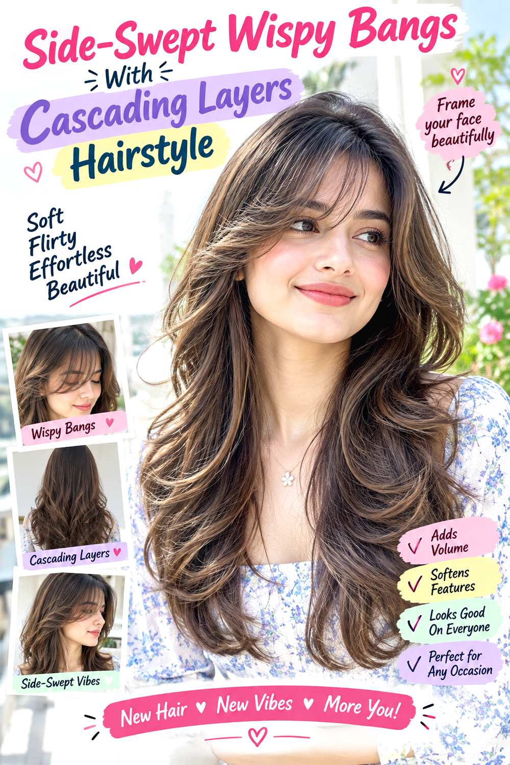 Side-Swept Wispy Bangs With Cascading Layers Hairstyle