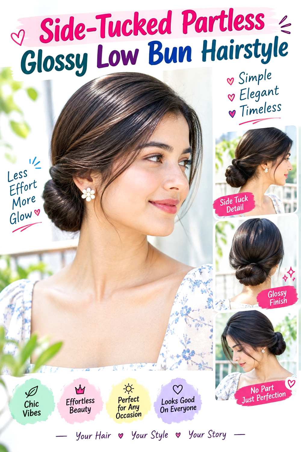 Side-Tucked Partless Glossy Low Bun Hairstyle