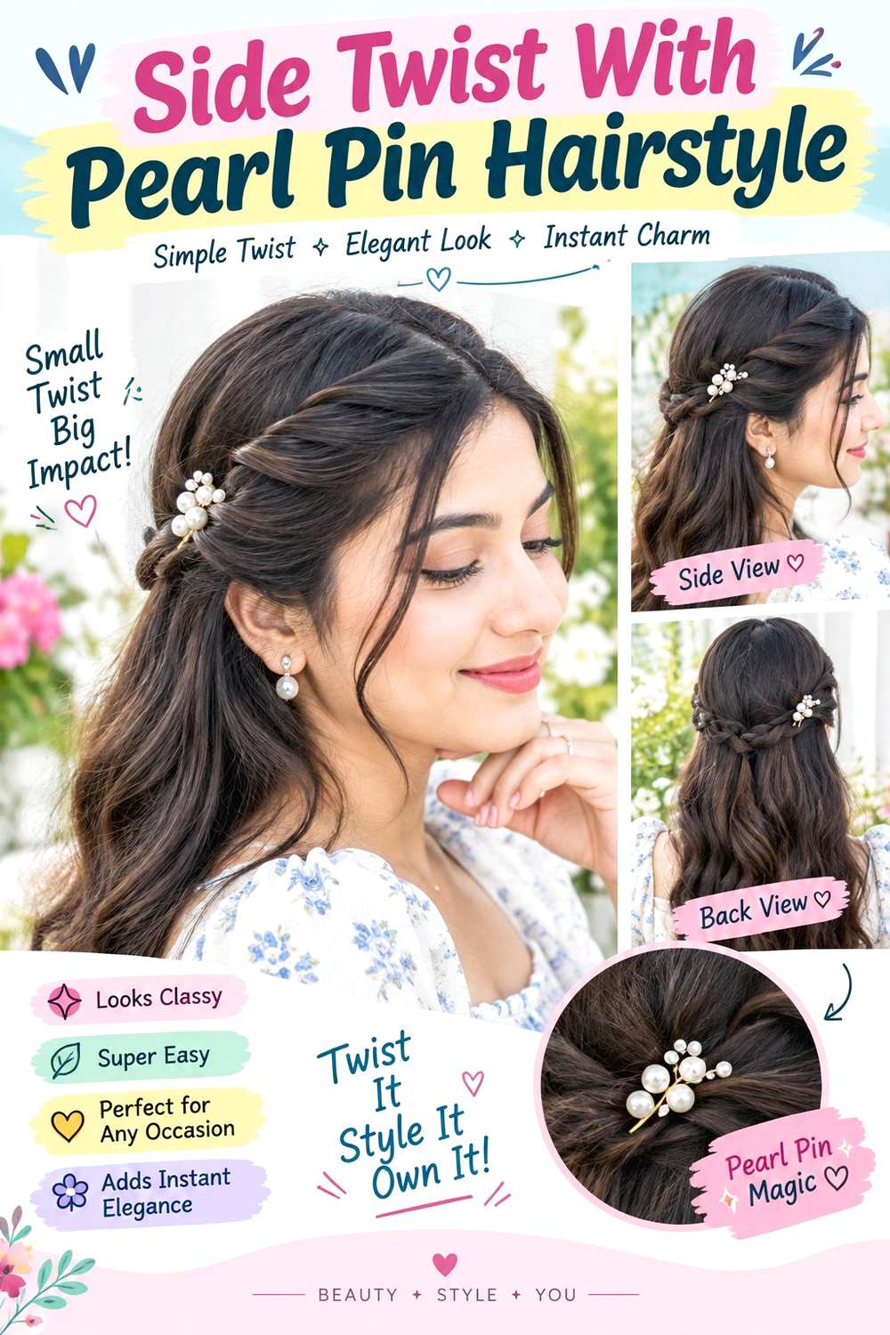 Side Twist With Pearl Pin Hairstyle