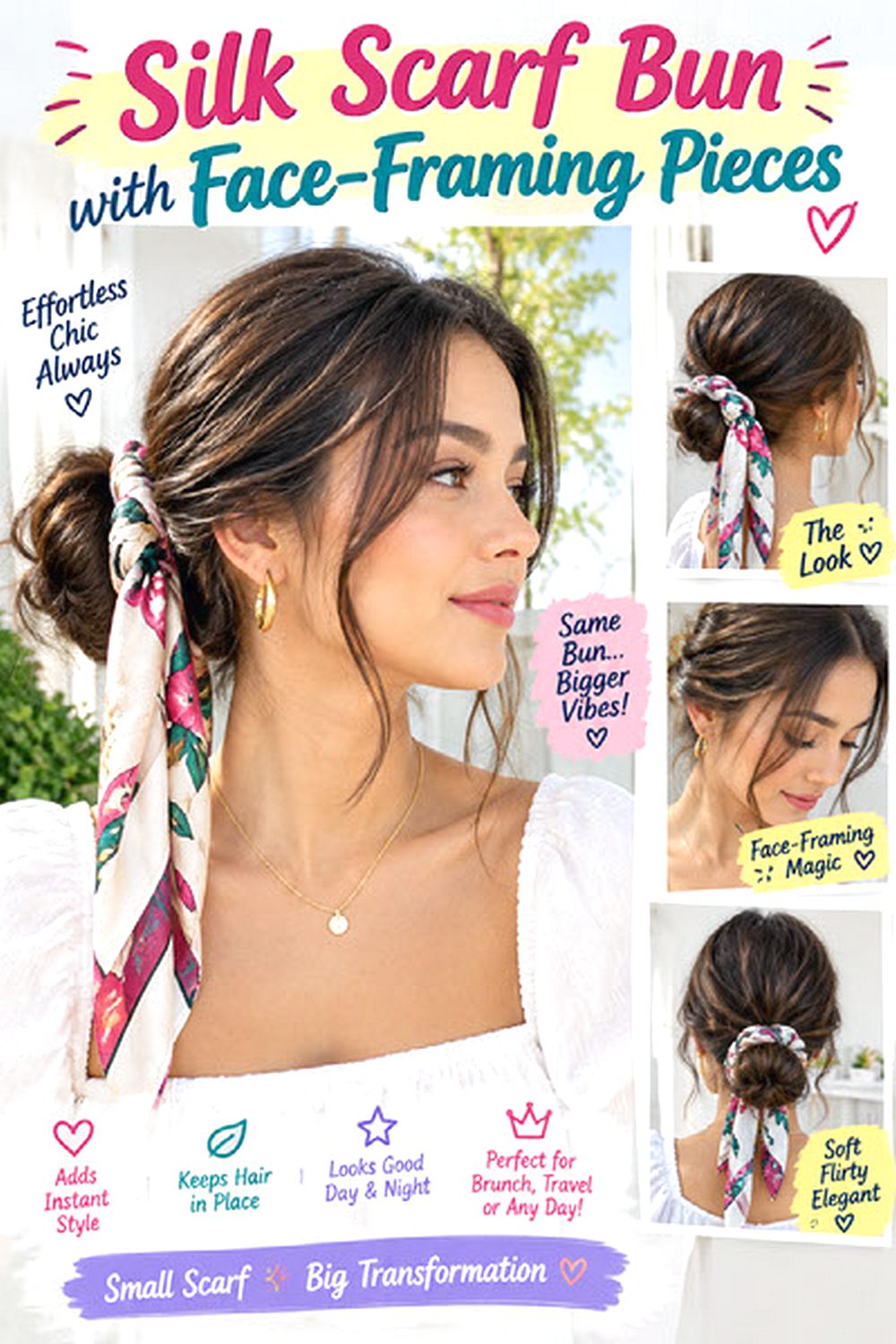 Silk Scarf Bun with Face-Framing Pieces hairstyle