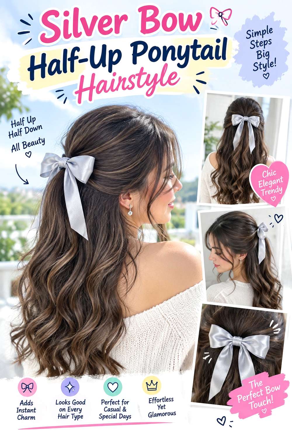 Silver Bow Half-Up Ponytail Hairstyle