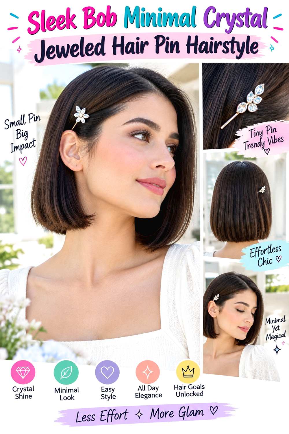 Sleek Bob Minimal Crystal Jeweled Hair Pin Hairstyle