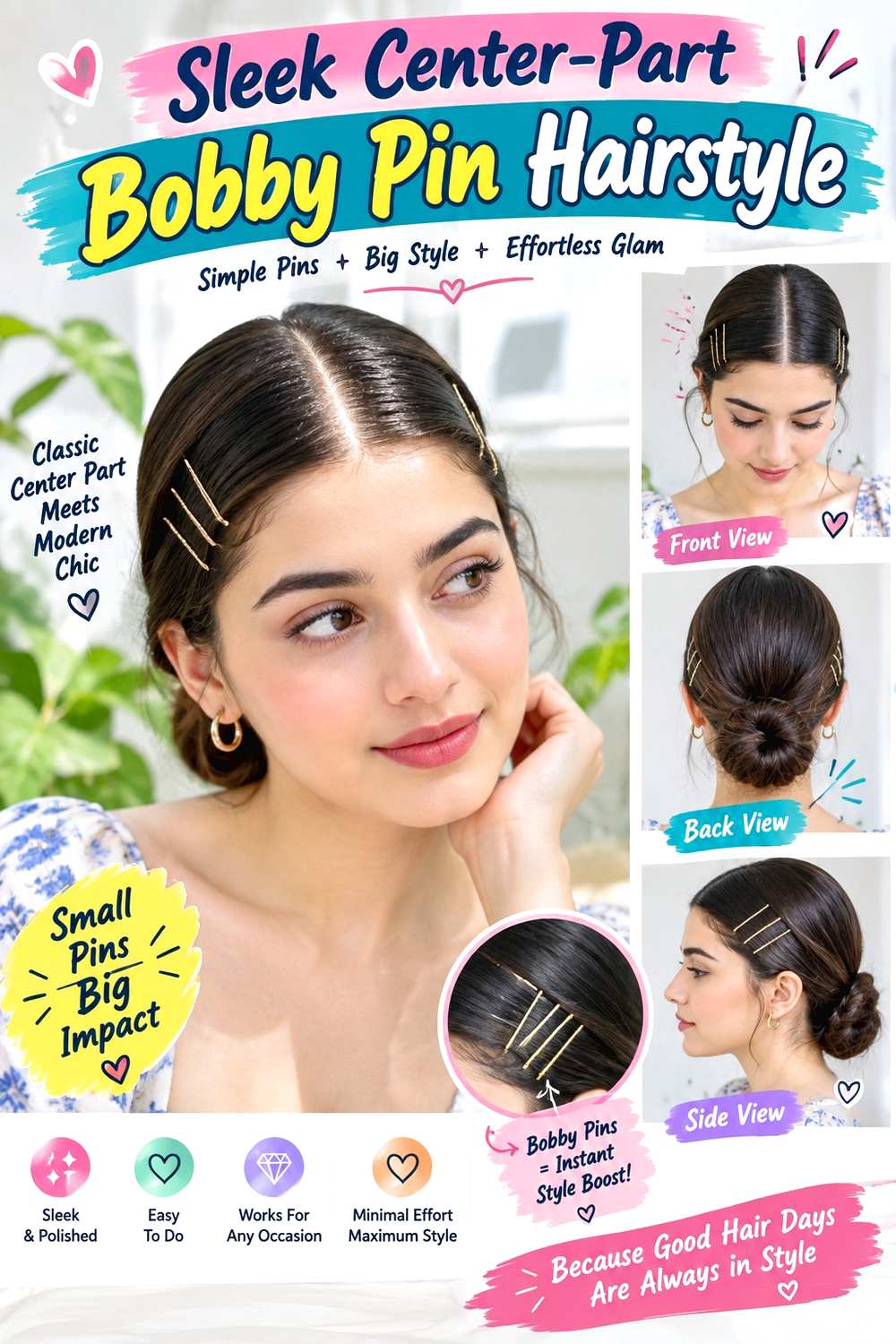 Sleek Center-Part Bobby Pin Hairstyle