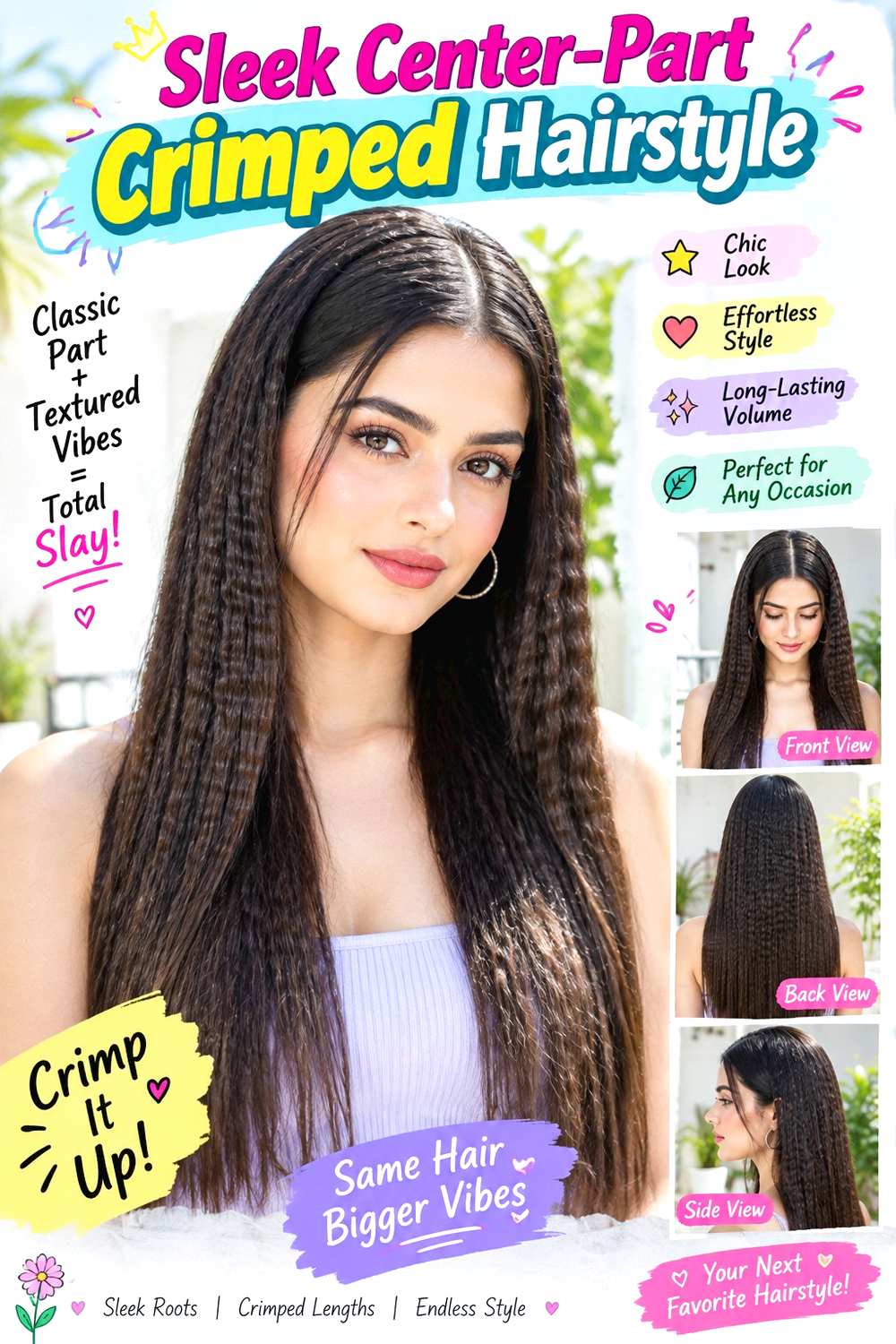 Sleek Center-Part Crimped Hairstyle