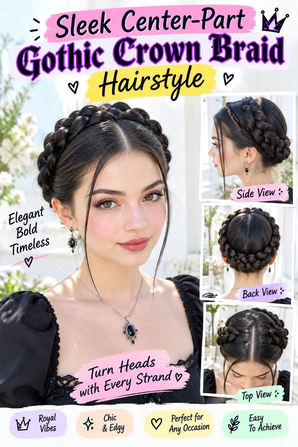 Sleek Center-Part Gothic Crown Braid Hairstyle