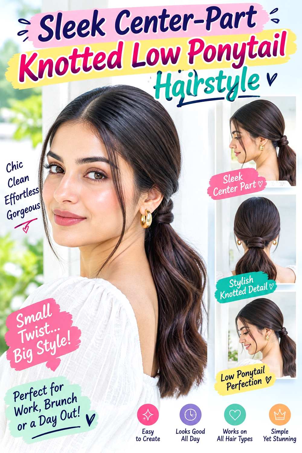Sleek Center-Part Knotted Low Ponytail Hairstyle