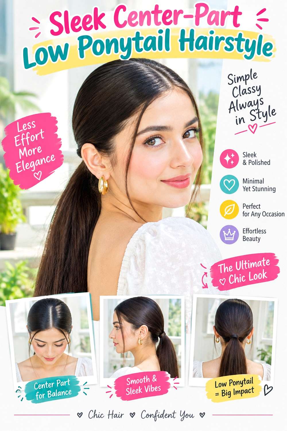 Sleek Center-Part Low Ponytail Hairstyle