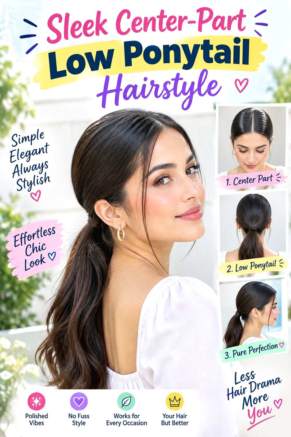 Sleek Center-Part Low Ponytail Hairstyle