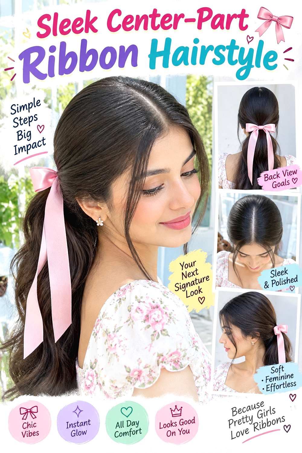 Sleek Center-Part Ribbon Hairstyle