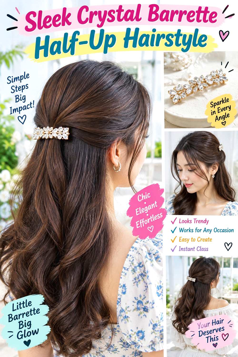Sleek Crystal Barrette Half-Up Hairstyle