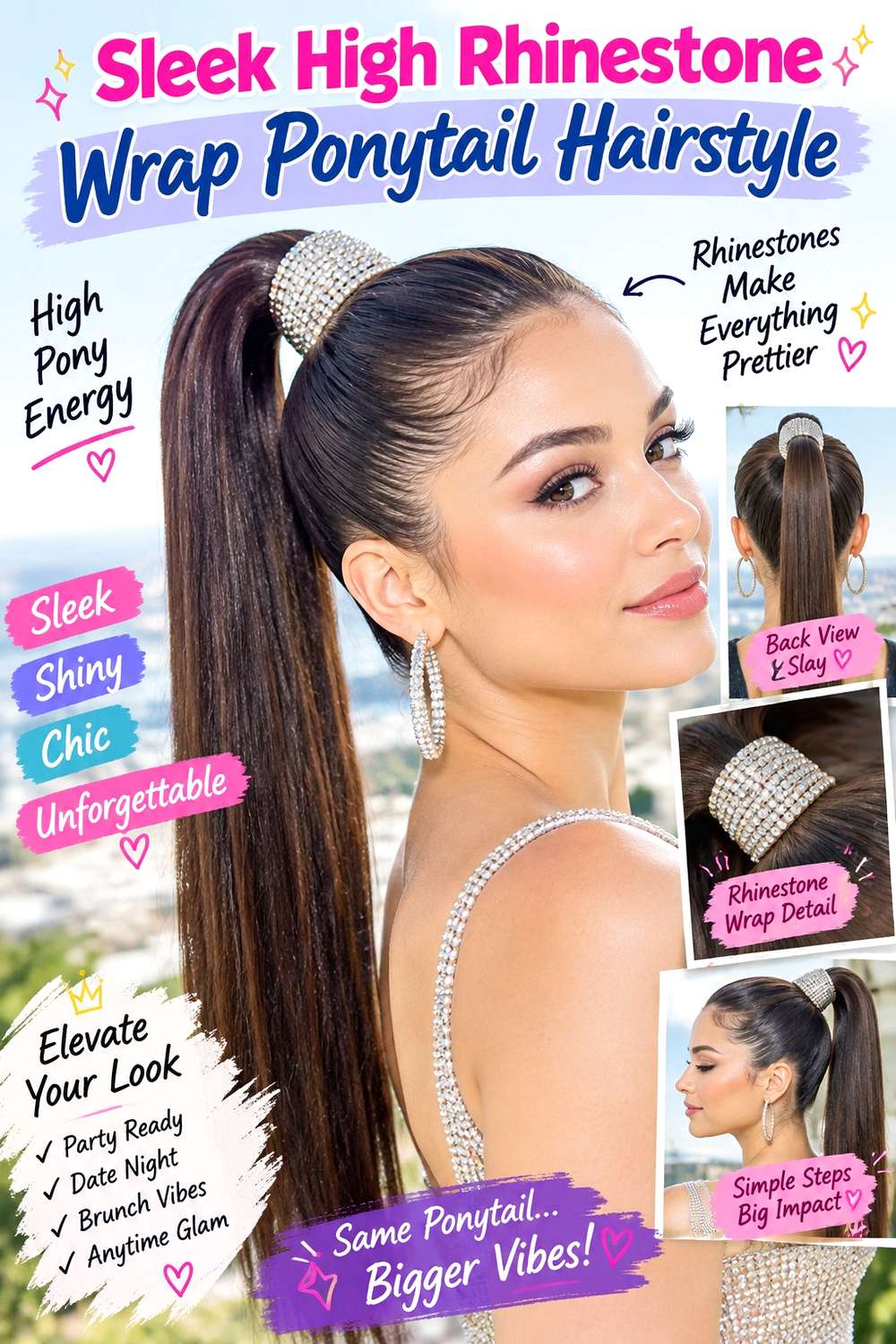 Sleek High Rhinestone Wrap Ponytail Hairstyle
