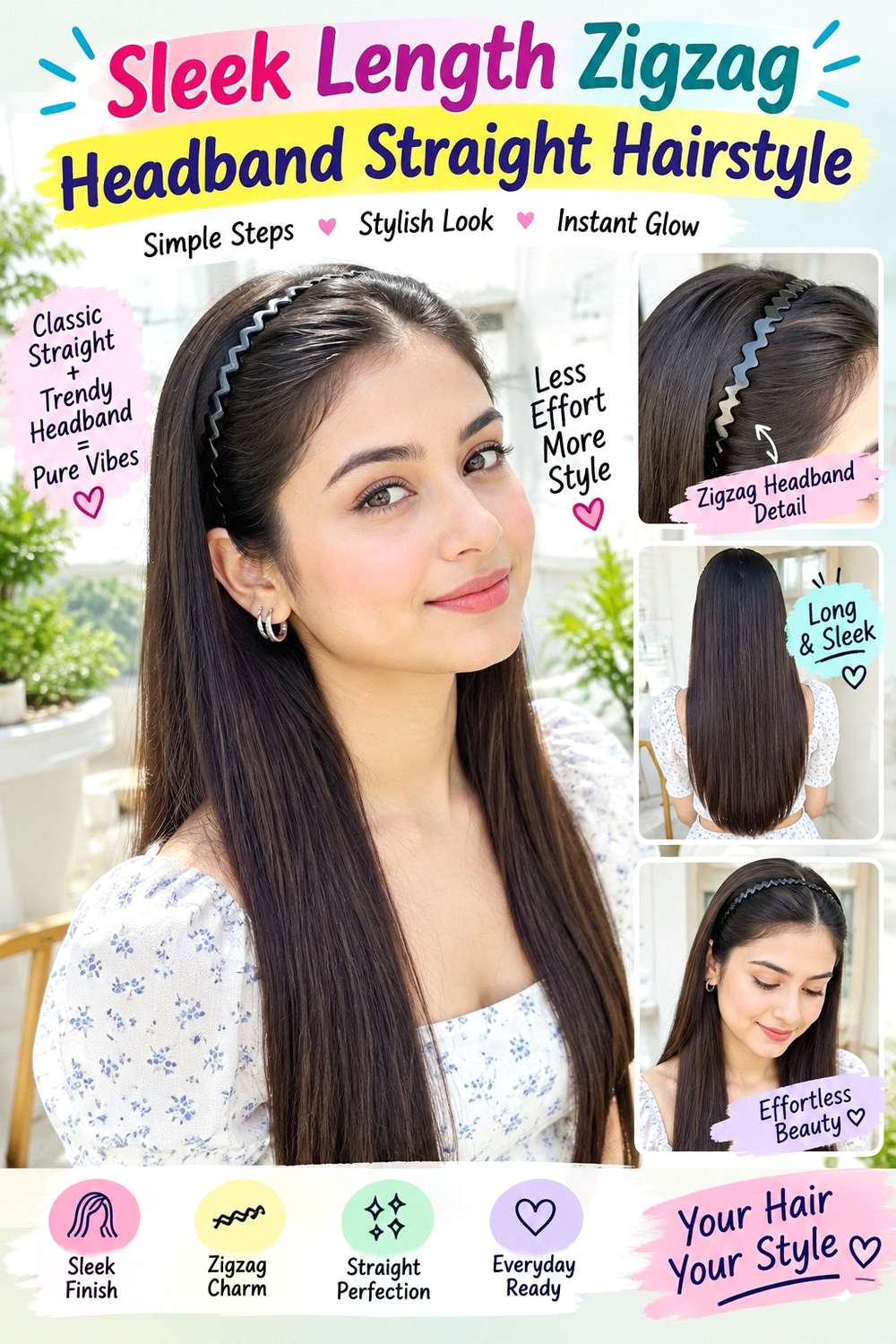 Sleek Length Zigzag Headband Straight Hairstyle