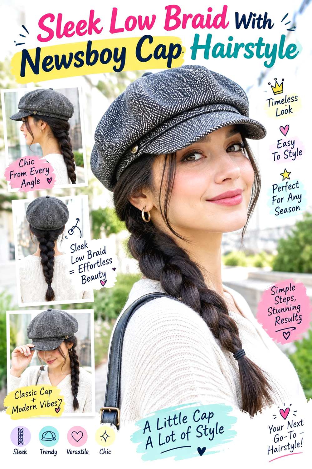 Sleek Low Braid With Newsboy Cap Hairstyle