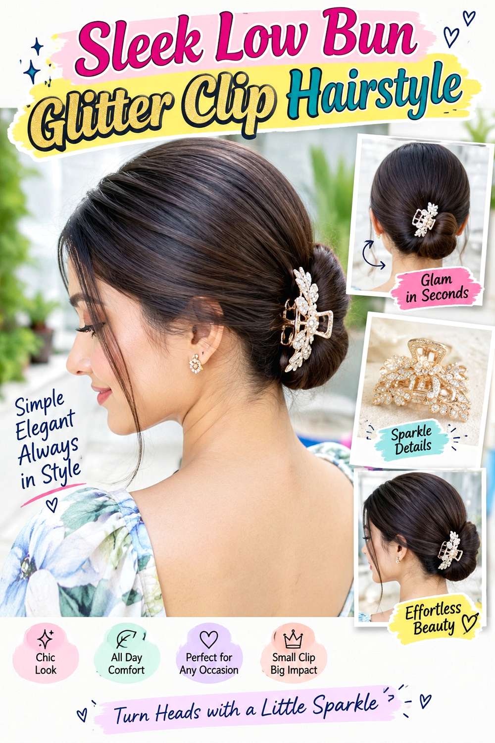 Sleek Low Bun Glitter Clip Hairstyle