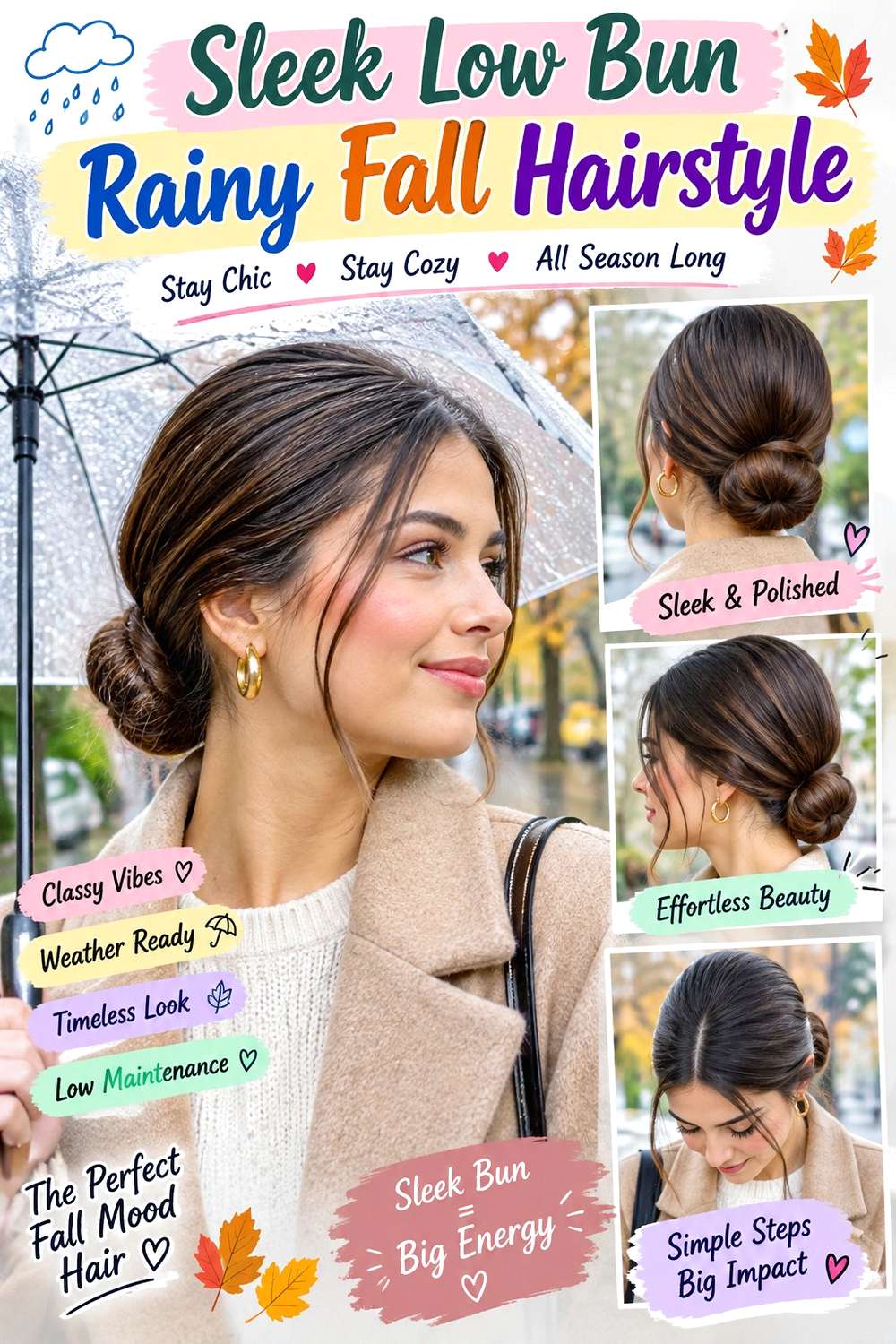 Sleek Low Bun Rainy Fall Hairstyle