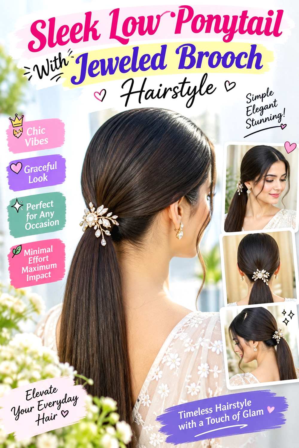Sleek Low Ponytail With Jeweled Brooch Hairstyle