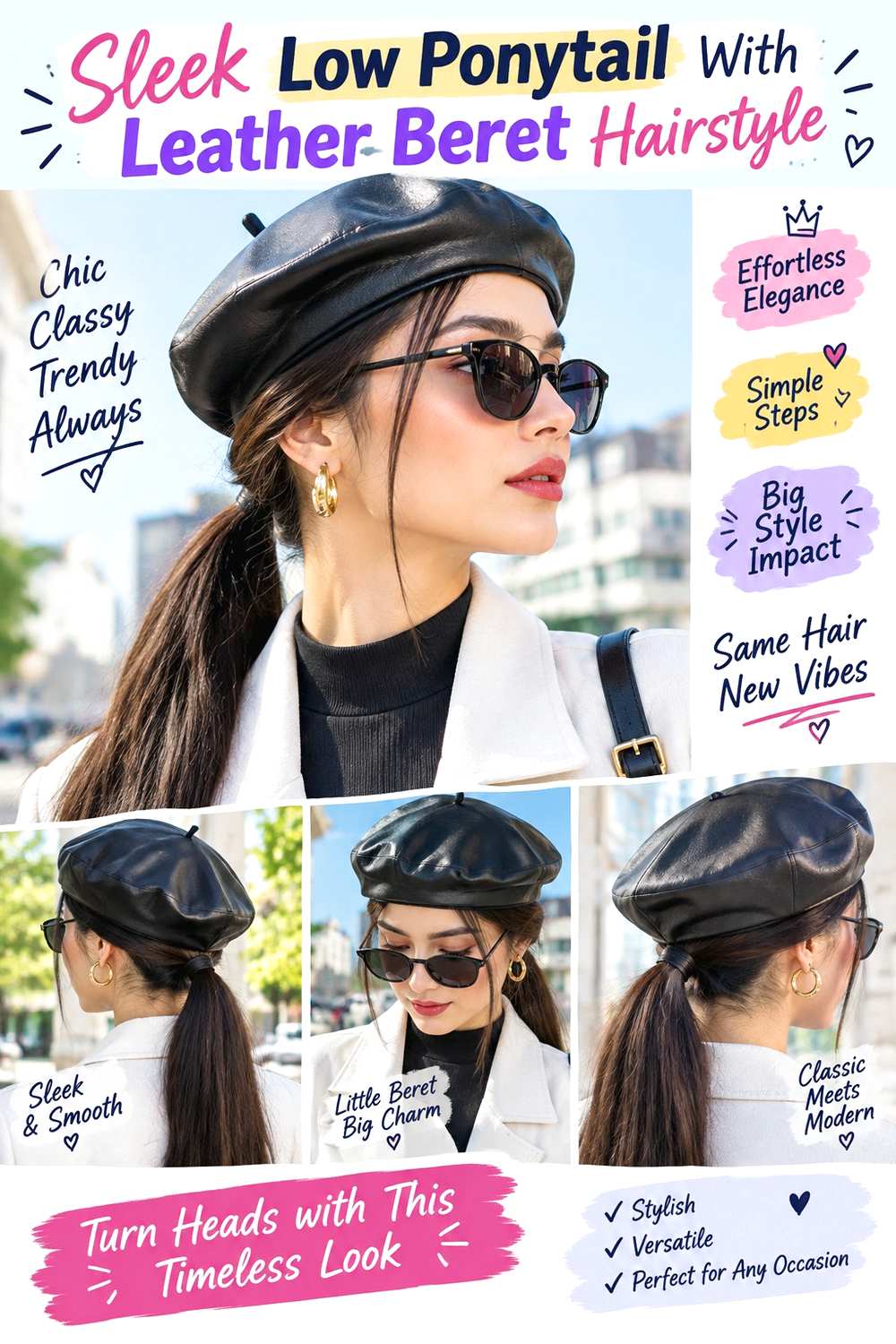 Sleek Low Ponytail With Leather Beret Hairstyle