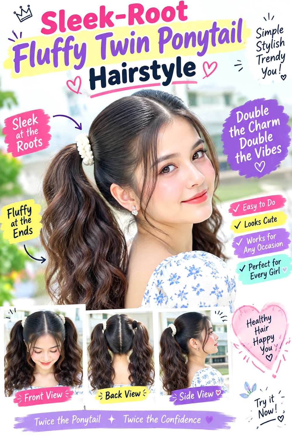 Sleek-Root Fluffy Twin Ponytail Hairstyle