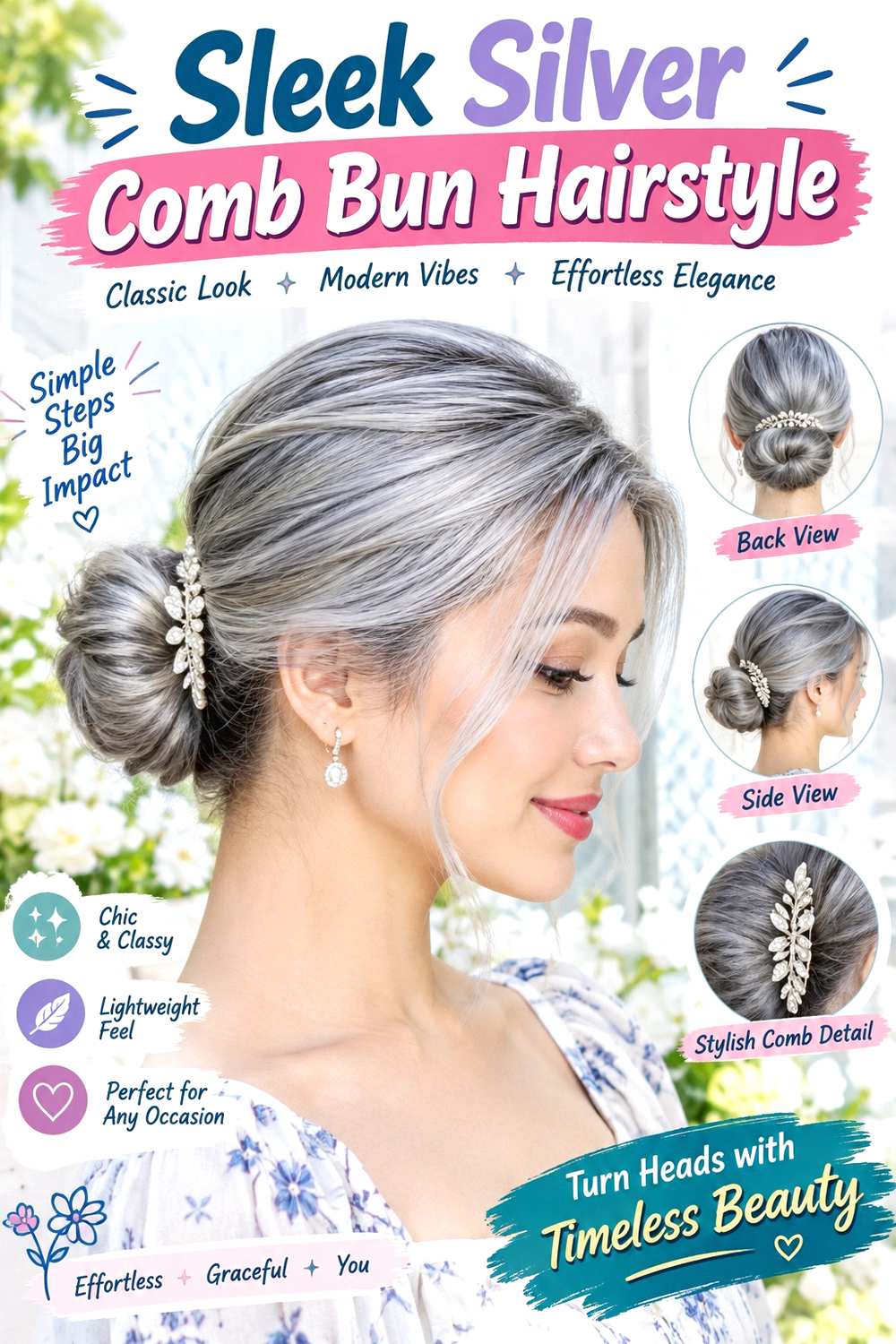 Sleek Silver Comb Bun Hairstyle