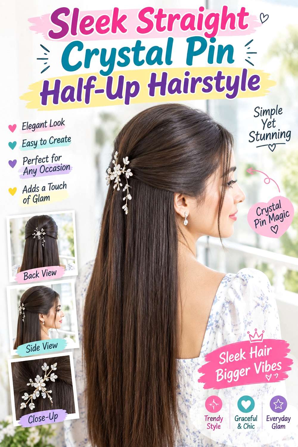 Sleek Straight Crystal Pin Half-Up Hairstyle