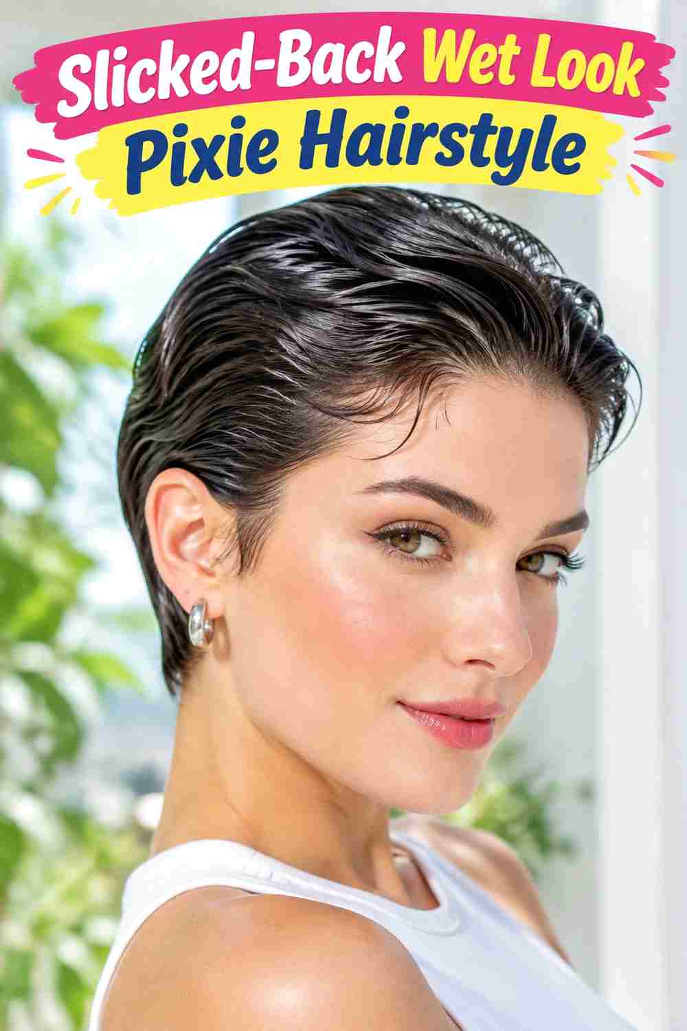 Slicked-Back Wet Look Pixie Hairstyle