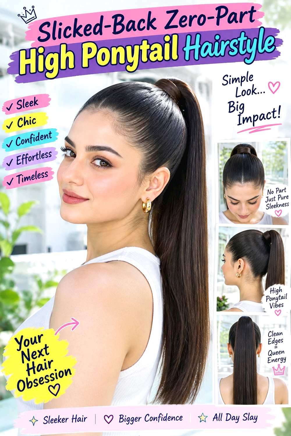 Slicked-Back Zero-Part High Ponytail Hairstyle
