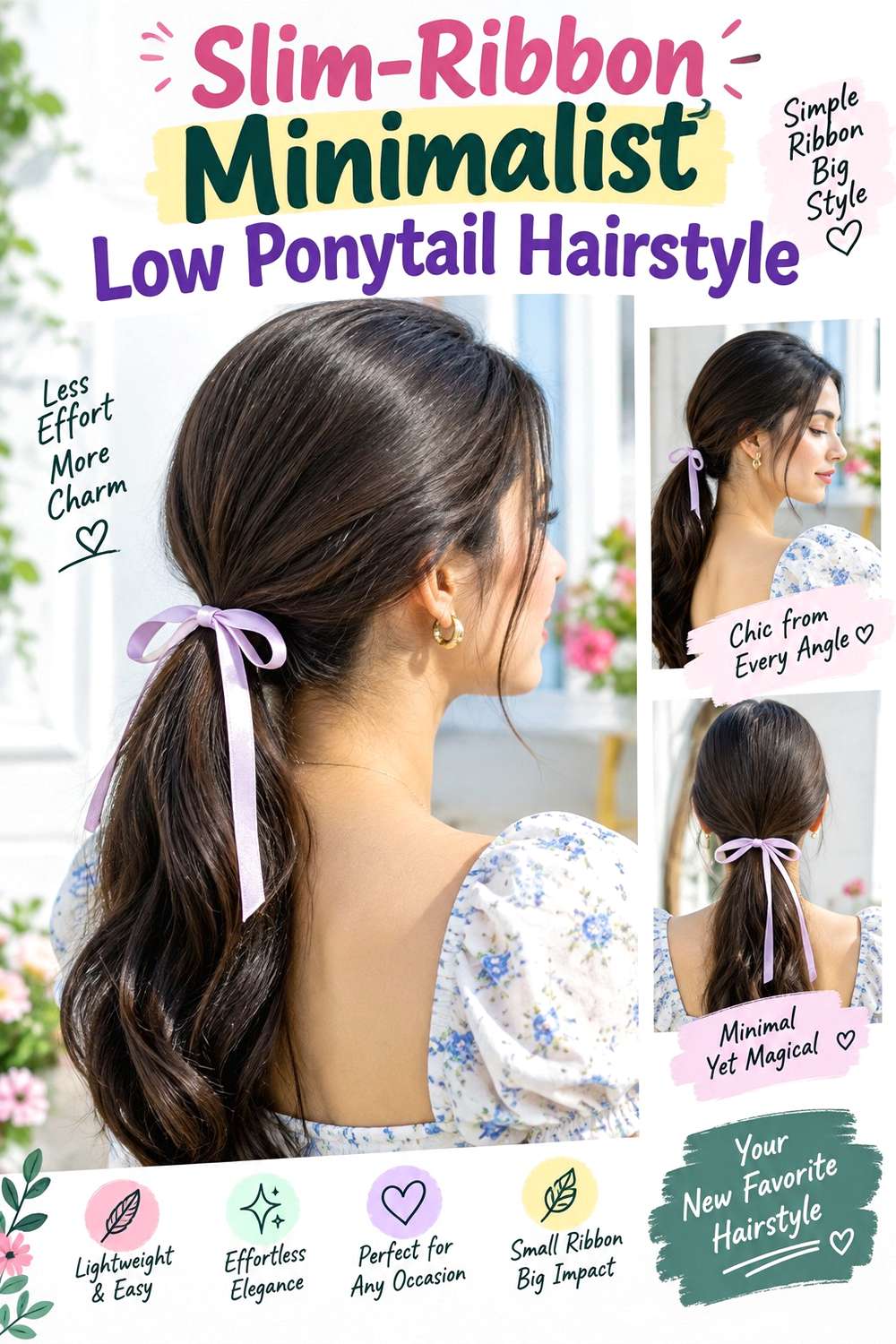 Slim-Ribbon Minimalist Low Ponytail Hairstyle