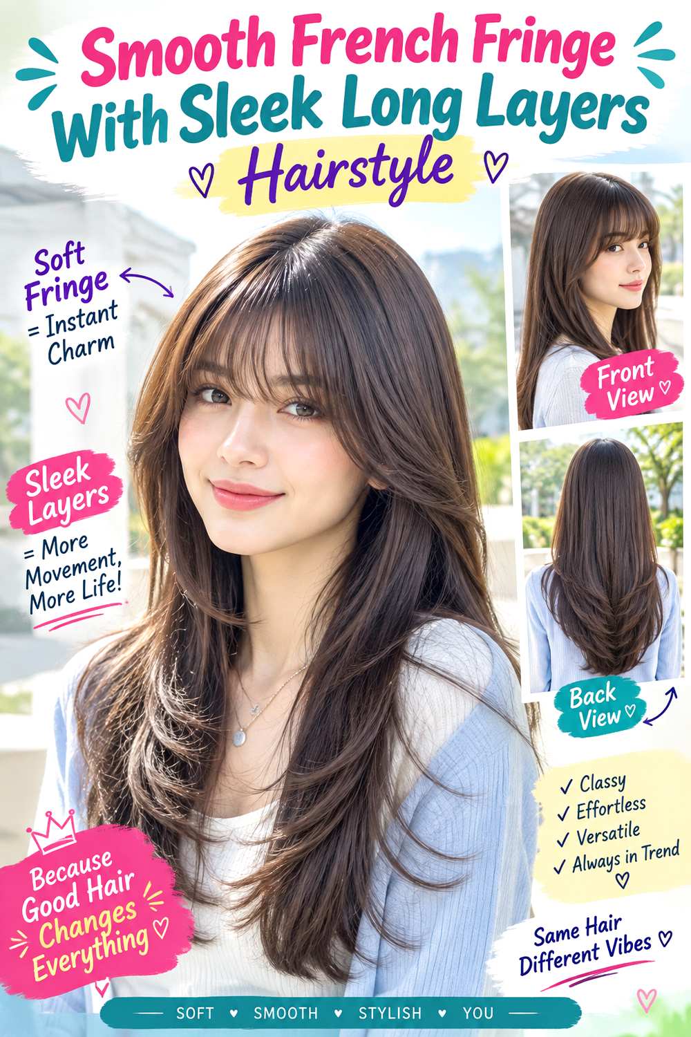 Smooth French Fringe With Sleek Long Layers Hairstyle