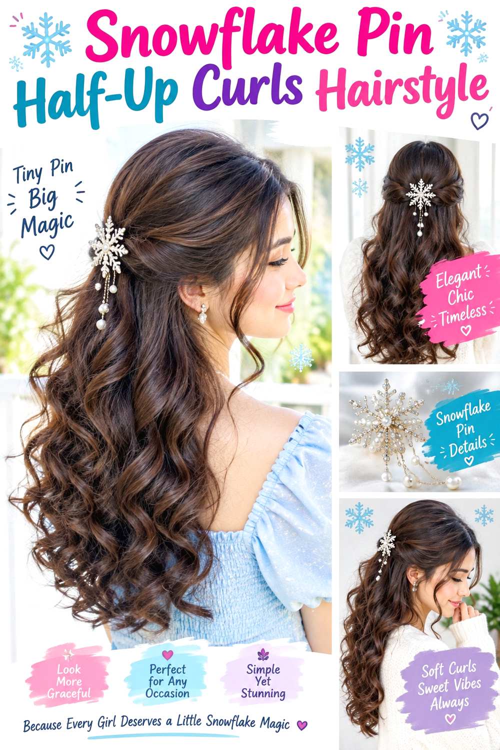 Snowflake Pin Half-Up Curls Hairstyle