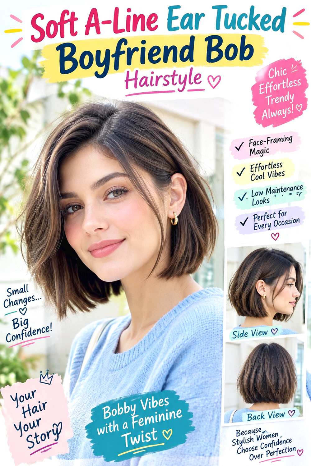 Soft A-Line Ear Tucked Boyfriend Bob Hairstyle