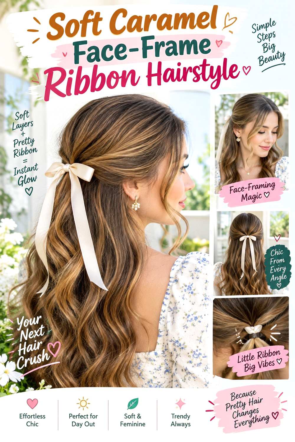 Soft Caramel Face-Frame Ribbon Hairstyle
