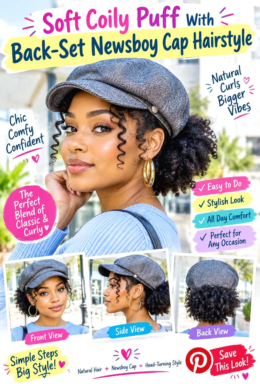 Soft Coily Puff With Back-Set Newsboy Cap Hairstyle