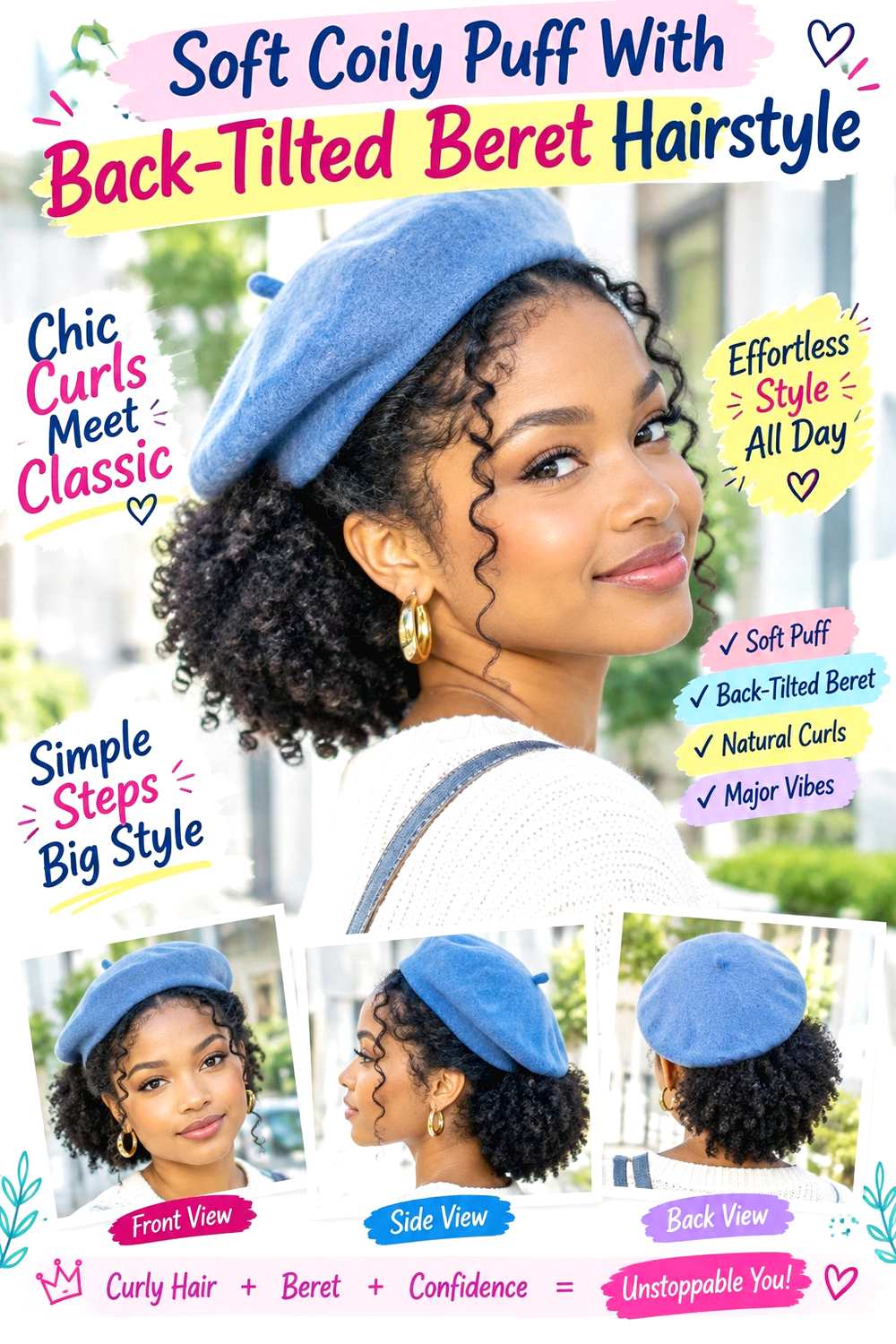 Soft Coily Puff With Back-Tilted Beret Hairstyle