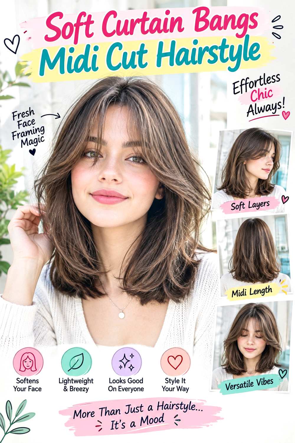Soft Curtain Bangs Midi Cut Hairstyle