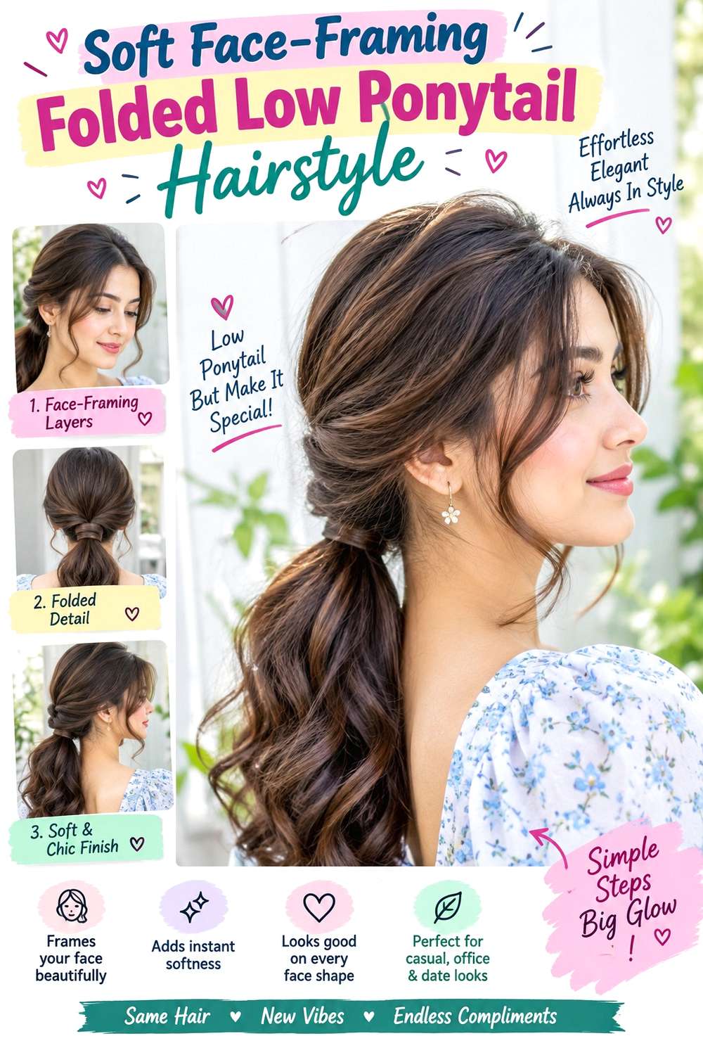 Soft Face-Framing Folded Low Ponytail Hairstyle