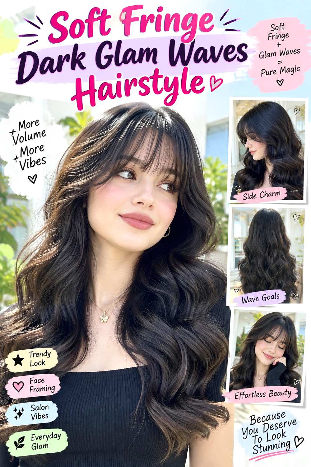 Soft Fringe Dark Glam Waves Hairstyle