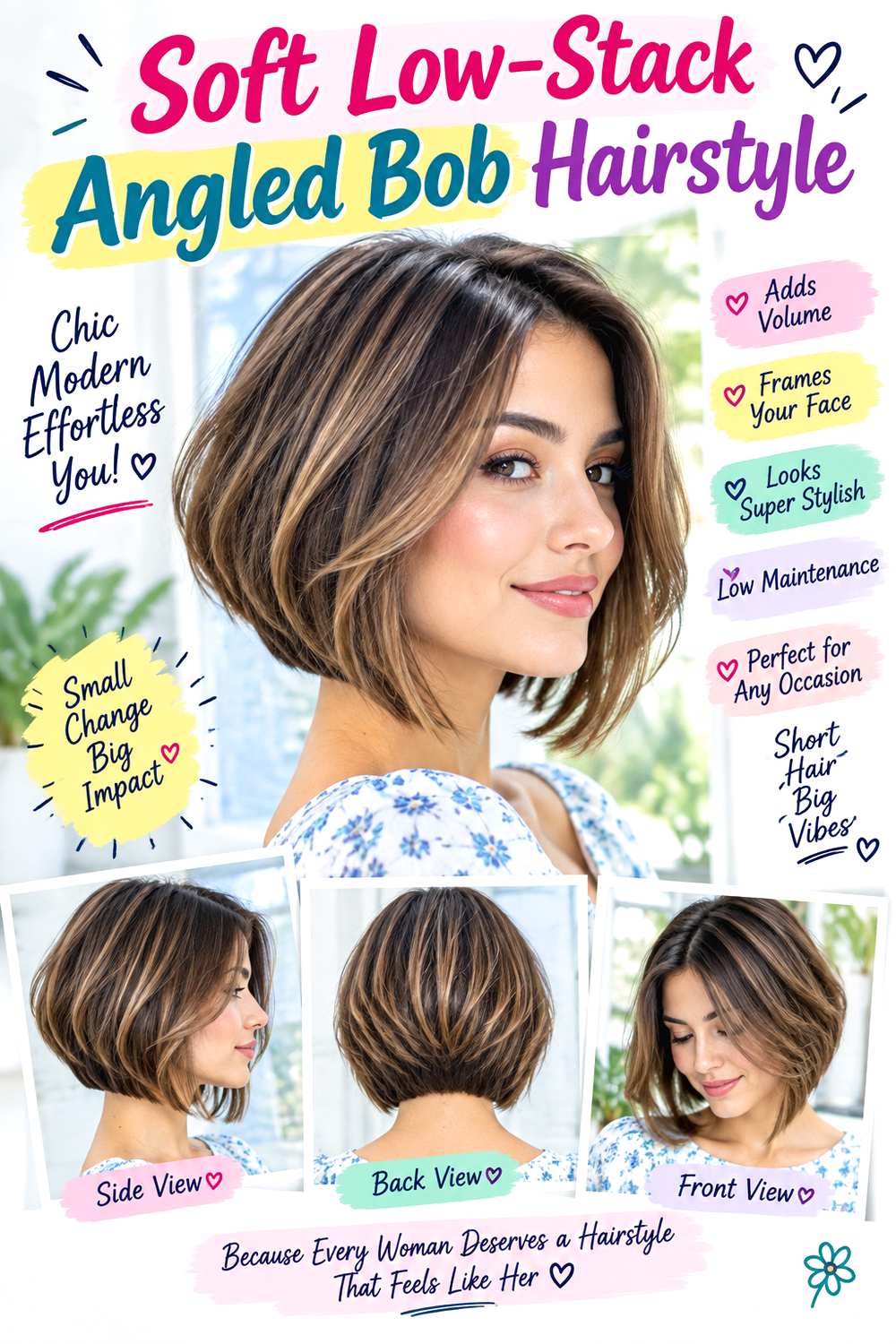 Soft Low-Stack Angled Bob Hairstyle