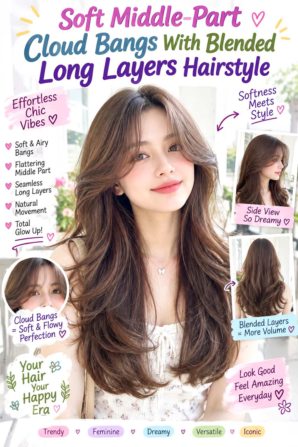 Soft Middle-Part Cloud Bangs With Blended Long Layers Hairstyle